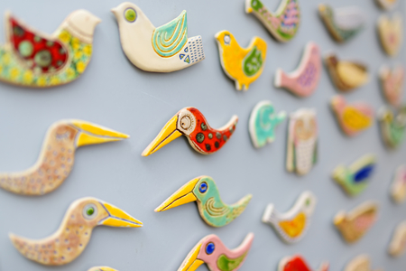 Colorful ceramic decorations sold on Easter market in Vilnius. Lithuanian capital's annual...