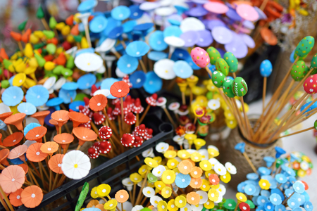 Colorful ceramic flowers sold on Easter market in Vilnius. Annual spring fair hold in March on the streets of capital of Lithuania.の写真素材