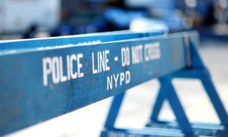 Wooden Do Not Cross police line barriers in New York, USAの写真素材