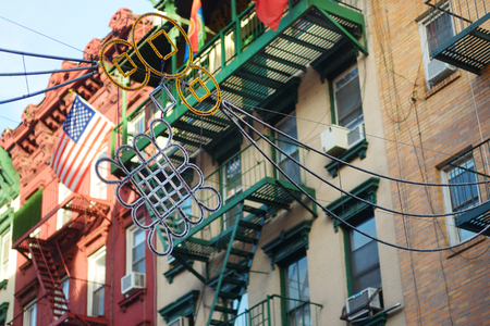 Hanging street decorations in Chinatown district of New York City, USA, one of oldest Chinatowns outside Asia.の写真素材