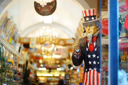 NEW YORK - MARCH 15, 2015: Uncle Sam peeking from souvenir shop in downtown Manhattan, New York, USA.のeditorial素材