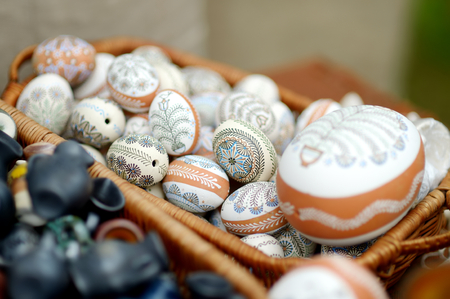 VILNIUS, LITHUANIA - MARCH 4, 2018: Colorful handmade wooden Easter eggs sold in annual traditional crafts fair in Vilnius, Lithuaniaのeditorial素材