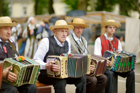 VILNIUS, LITHUANIA - JULY 5, 2014: Participants of the Lithuania Song Festival, massive traditional song and dance festival, taking place every four years.のeditorial素材