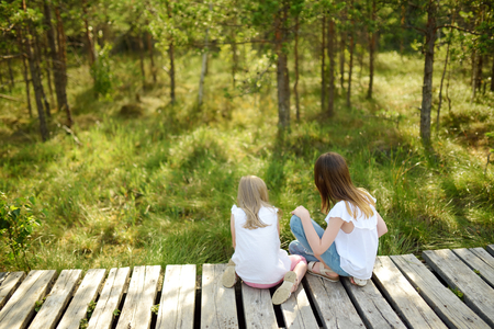 Two adorable young girls catching babyfrogs in summer forest. Children exploring nature.の写真素材