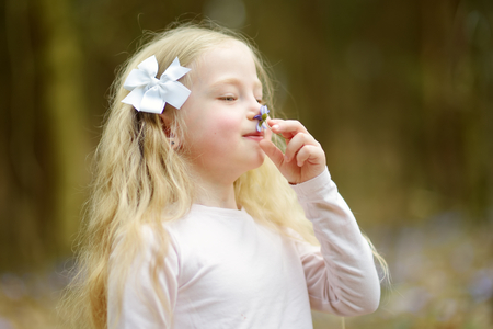 Adorable little girl picking the first flowers of spring in the woods on beautiful sunny spring day. Cute child having fun outdoors.の写真素材