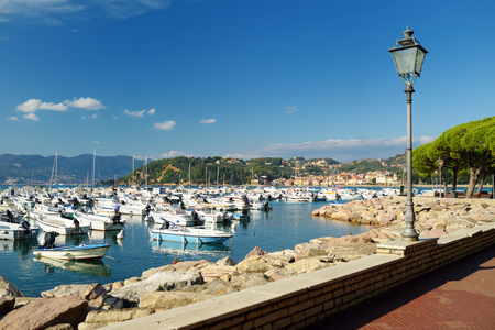 Small yachts and fishing boats in marina of Lerici town, located in the province of La Spezia in Liguria, part of the Italian Riviera, Italy.の写真素材