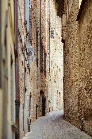 Beautiful medieval cobblestone streets of Bergamo city, Lombardy, Italy.の写真素材