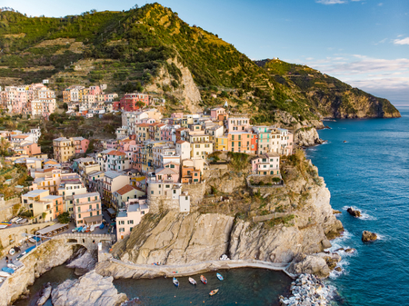 Aerial view of Manarola, the second-smallest of the famous Cinque Terre towns, one of the most...