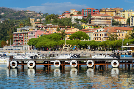 Small yachts and fishing boats in marina of Lerici town, located in the province of La Spezia in Liguria, part of the Italian Riviera, Italy.の写真素材