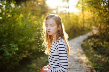 Cute young girl having fun during forest hike on beautiful summer day. Child exploring nature....
