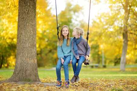 Two cute young sisters having fun on a swing in sunny autumn park. Family weekend in a city. Fall outdoor activities for children.の写真素材