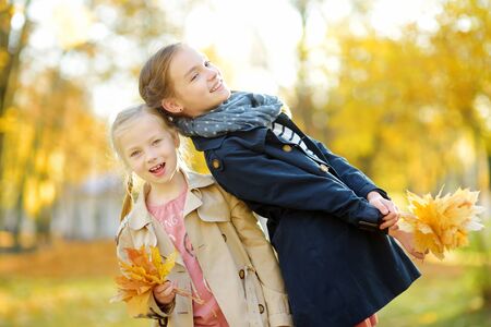 Two cute young sisters having fun on beautiful autumn day. Happy children playing in autumn park. Kids gathering yellow fall foliage. Autumn activities for children.の写真素材