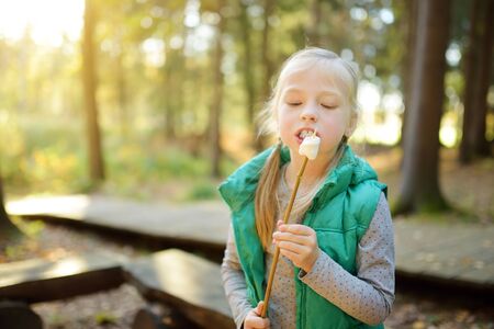 Adorable young girl roasting marshmallows on stick at bonfire. Child having fun at camp fire. Camping with children in fall forest. Family leisure with kids at autumn.の写真素材