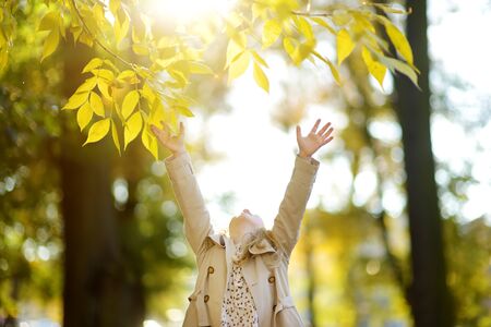 Adorable young girl having fun on beautiful autumn day. Happy child playing in autumn park. Kid gathering yellow fall foliage. Autumn activities for children.の写真素材