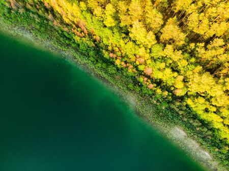 Aerial top down view of beautiful green waters of lake Gela. Birds eye view of scenic emerald lake surrounded by pine forests. Clouds reflecting in Gela lake, near Vilnius city, Lithuania.の写真素材