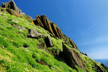 Skellig Michael or Great Skellig, home to the ruined remains of a Christian monastery. Inhabited by variety of seabirds, including gannets and puffins. Ireland.の写真素材