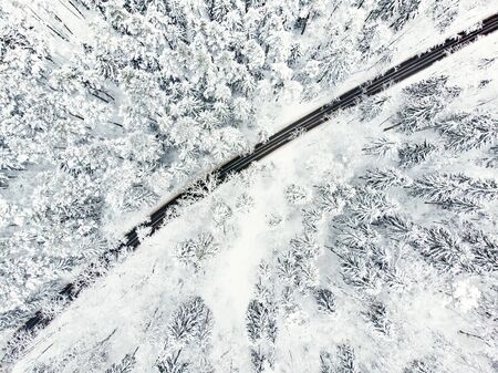 Beautiful aerial view of snow covered pine forests and a road winding among trees. Rime ice and hoar frost covering trees. Scenic winter landscape near Vilnius, Lithuania.の写真素材