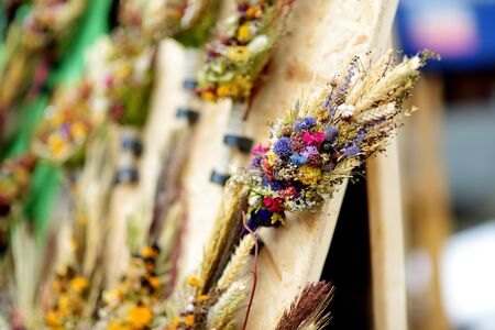 Traditional Lithuanian Easter palms known as verbos sold on Easter market in Vilnius. Lithuanian...