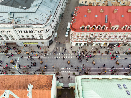 VILNIUS, LITHUANIA - FEBRUARY 16, 2020: Aerial view of people attending the celebration of Restoration of the State Day in Vilnius. Bonfires lit on Gediminas avenue on festive night on February 16.のeditorial素材