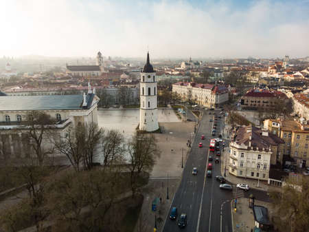 Beautiful sunny Vilnius city scene in winter. Aerial early morning view. Winter city scenery in Vilnius, Lithuania.の写真素材