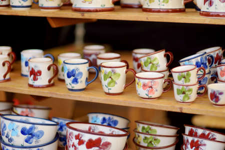 Ceramic dishes, tableware and jugs sold on Easter market in Vilnius. Lithuanian capital's annual...