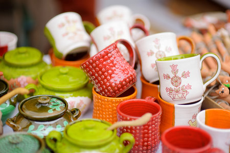 Ceramic dishes, tableware and jugs sold on Easter market in Vilnius. Lithuanian capital's annual...