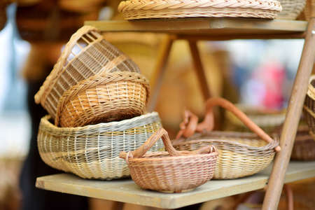 Various baskets and decorations sold on Easter market in Vilnius. Annual spring fair hold in March on the streets of capital of Lithuania.の写真素材