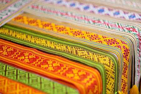 Details of a traditional colorful Lithuanian weave. Woven belts as a part of national Lithuanian...