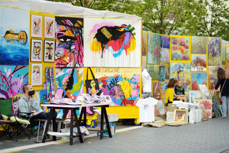 VILNIUS, LITHUANIA - SEPTEMBER 5, 2020: Artists selling their paintings at Nations Fair, where masters from the national communities of Lithuania present their arts, crafts, customs and traditions.のeditorial素材