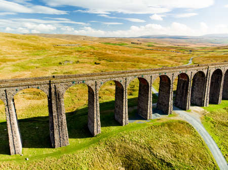Aerial view of Ribblehead viaduct, located in North Yorkshire, the longest and the third tallest structure on the Settle-Carlisle line. Tourist attractions in Yorkshire Dales National Park, England.の写真素材