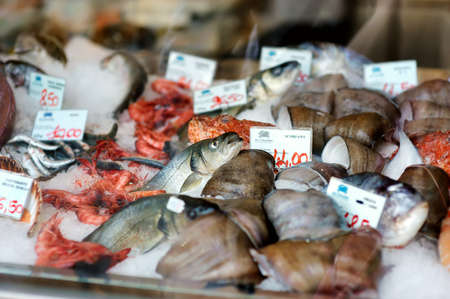 BERGAMO, ITALY - APRIL 2019: Assorted fresh fish displayed on the farmers market in Bergamo, Italyのeditorial素材