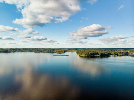 Beautiful aerial view of Moletai region, famous or its lakes. Scenic summer evening landscape, Moletai, Lithuaniaの写真素材
