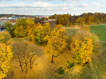Beautiful Vilnius city panorama in autumn with orange and yellow foliage. Aerial evening view. Fall city scenery in Vilnius, Lithuaniaの写真素材