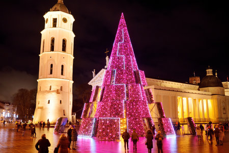 VILNIUS, LITHUANIA - DECEMBER 2020: Beautiful Christmas tree on the Cathedral square, in Vilnius, Lithuania.のeditorial素材