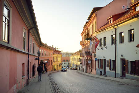 VILNIUS, LITHUANIA - OCTOBER 2020: Main street of Uzupis, a bohemian and artistic district in...
