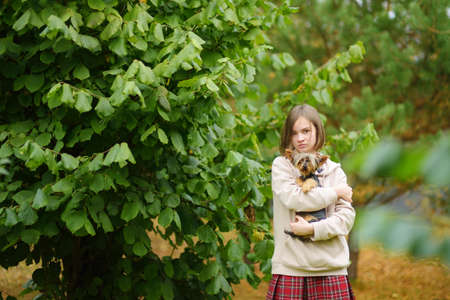 Adorable young girl having fun with her dog on beautiful autumn day. Happy child playing in autumn park. Kid gathering yellow fall foliage. Autumn activities for children.の写真素材