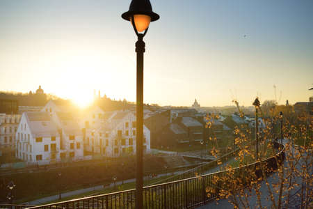 New residential area in Vilnius, Lithuania. New modern apartment complex. Low rise european apartment building complex with outdoor facilities.の写真素材