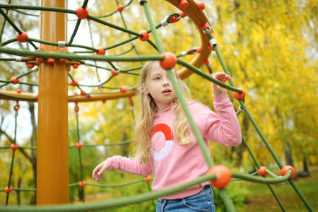 Pretty young girl having fun on a playground in beautiful autumn park. Cute preteen child playing outdoors in late autumn. Outdoor activities for family with kids.の写真素材
