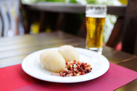 Cepelinai, dumplings made of grated and riced potatoes and stuffed with ground meat, dry curd cheese or mushrooms. National dish of Lithuania, typically served as a main dishの写真素材
