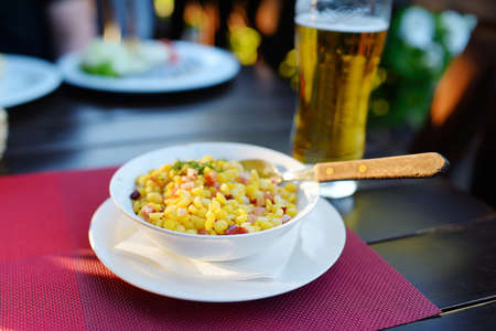 Yellow split peas with smoked bacon, traditional snack dish of Lithuania.の写真素材