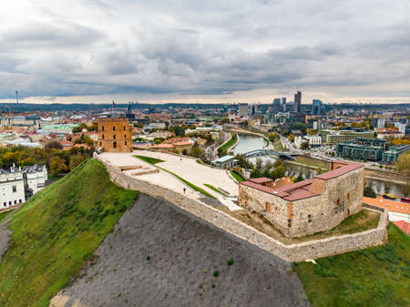 Beautiful Vilnius city panorama in autumn with orange and yellow foliage. Aerial evening view. Fall city scenery in Vilnius, Lithuaniaの写真素材
