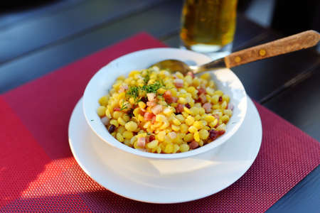 Yellow split peas with smoked bacon, traditional snack dish of Lithuania.