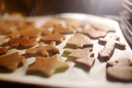 Uncooked gingerbread Christmas cookies on a baking tray in an oven