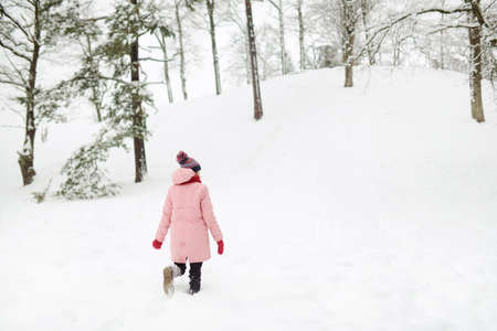 Adorable young girl having fun in beautiful winter park during snowfall. Cute child playing in a snow. Winter activities for family with kids.の写真素材