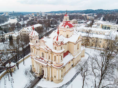 Aerial view of the Church of St. Peter and St. Paul, located in Antakalnis district in Vilnius....