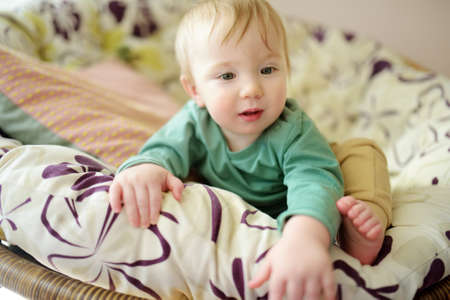 Adorable baby boy sitting in a chair by the window on sunny day.
