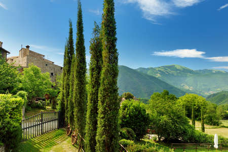 Sibylline Mountains, one of the major mountain groups of italic peninsula, viewed from Meggiano village. Monti Sibillini National Park, Umbria, Italy.の写真素材