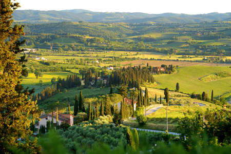 Stunning view of green fields and farmlands with small villages on the horizon. Summer rural...
