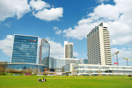 VILNIUS, LITHUANIA - APRIL 2021: Beautiful view of Vilnius business district on sunny spring day....