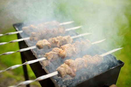 Chicken kabobs grilled on metal skewers outdoors. Summer fun.のeditorial素材